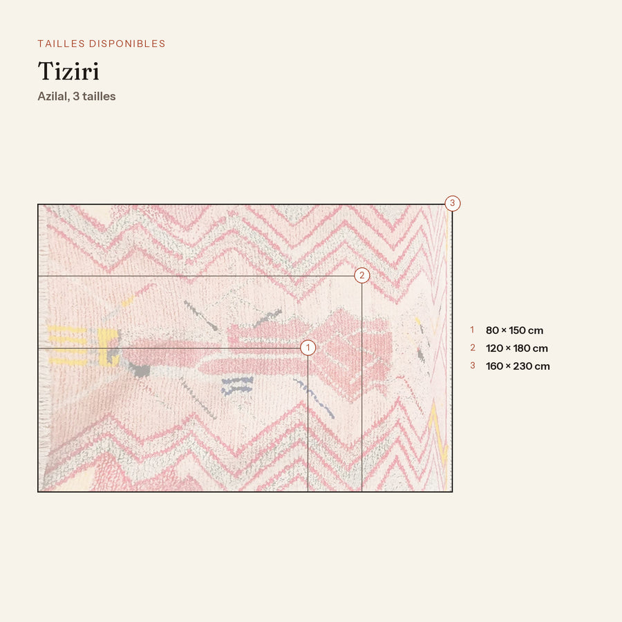 Les 3 tailles du tapis berbère coloré tiziri, rose et framboise, dessinées à l'échelle