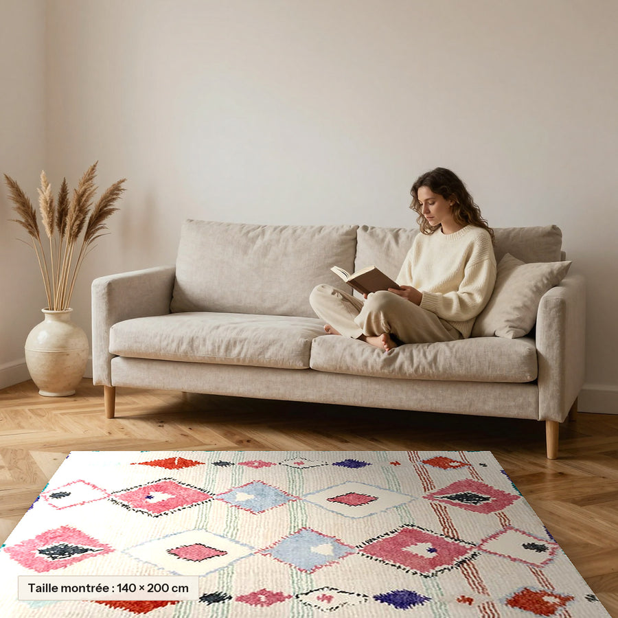 Tapis berbère coloré Taylalt, diamants corail et turquoise posé devant un canapé, taille 140 × 200 cm