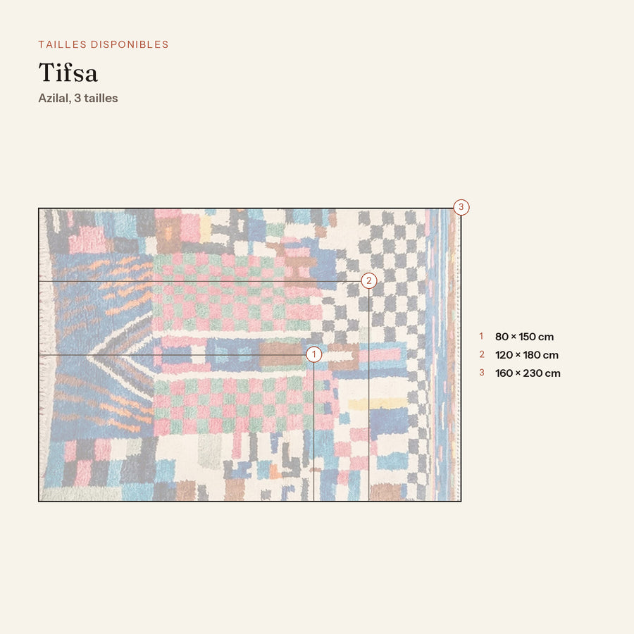 Les 3 tailles du tapis berbère coloré tifsa, écru et damier coloré, dessinées à l'échelle