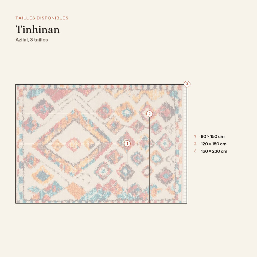 Les 3 tailles du tapis berbère coloré tinhinan, écru à losanges vifs, dessinées à l'échelle
