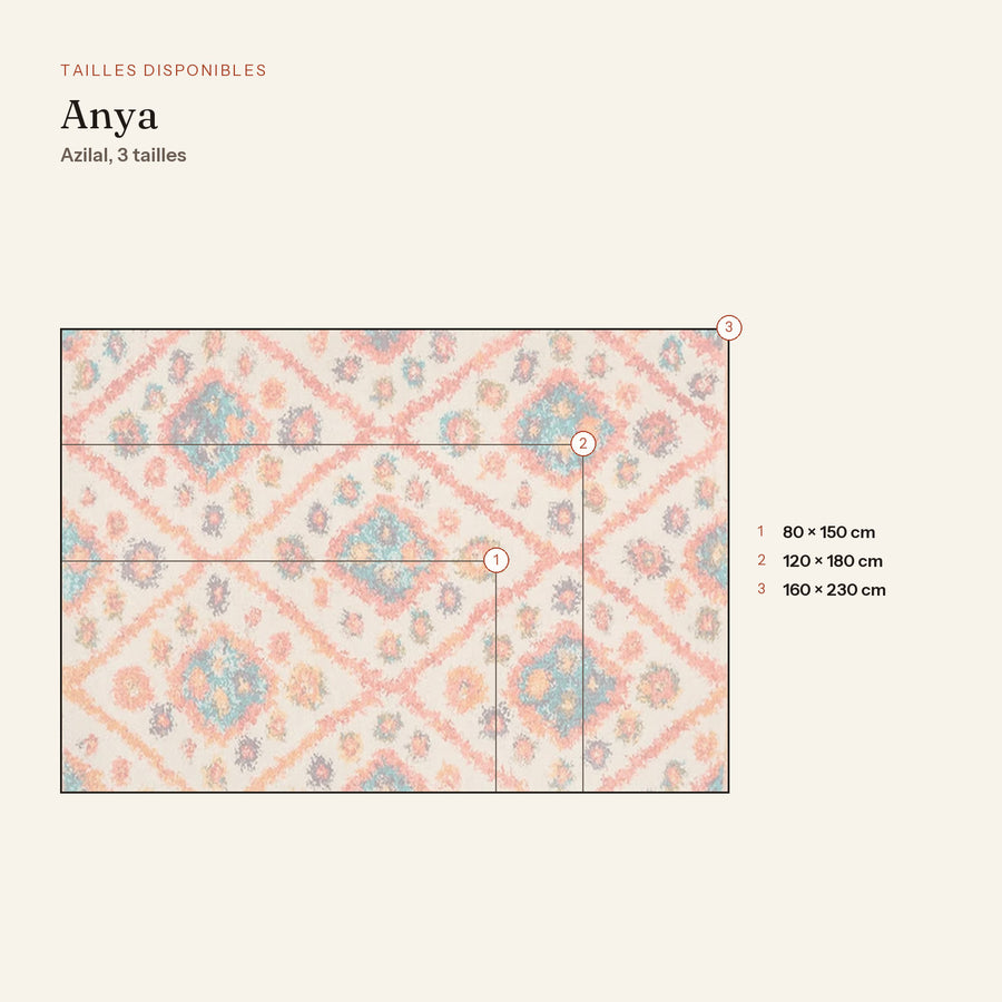 Les 3 tailles du tapis berbère coloré anya, orange et turquoise, dessinées à l'échelle