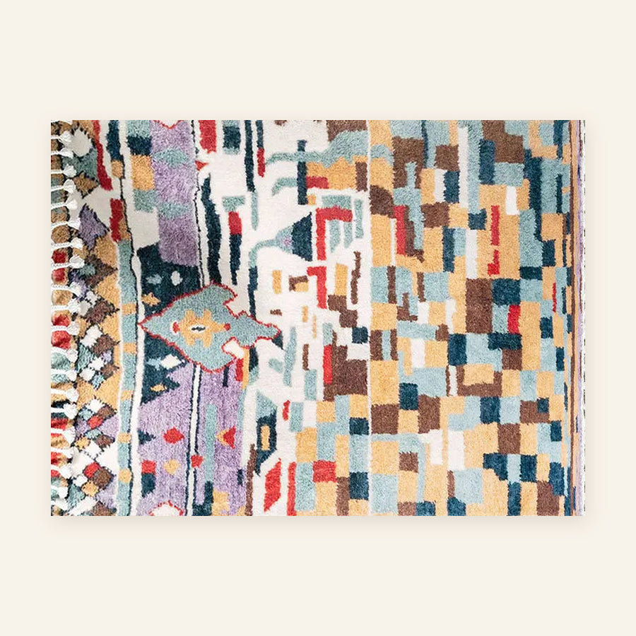 Tapis berbère coloré Massilya, patchwork bleu et ocre, vu à plat
