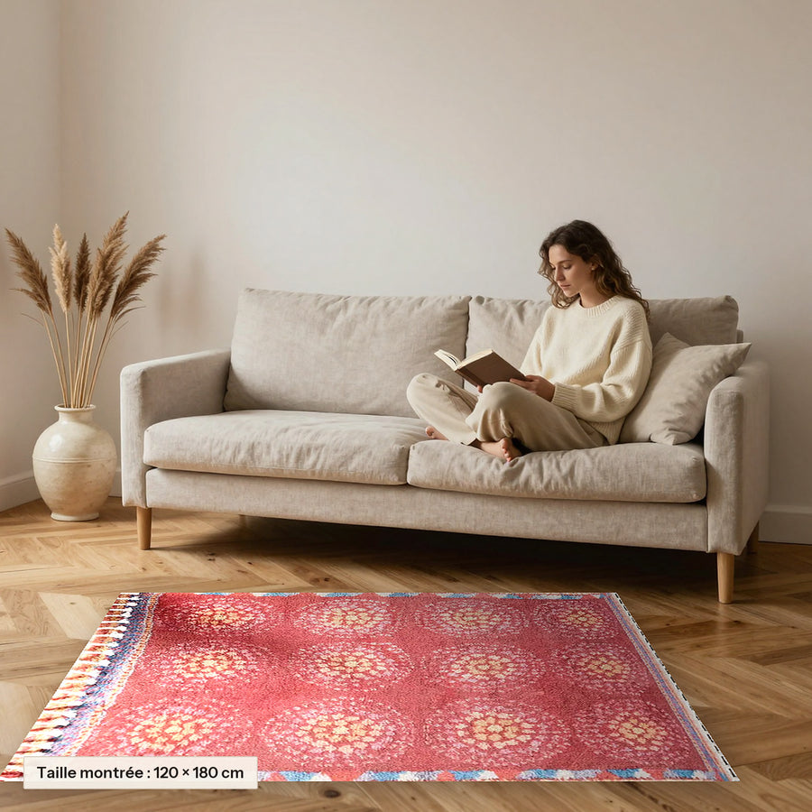 Tapis berbère coloré Dasin, corail posé devant un canapé, taille 120 × 180 cm