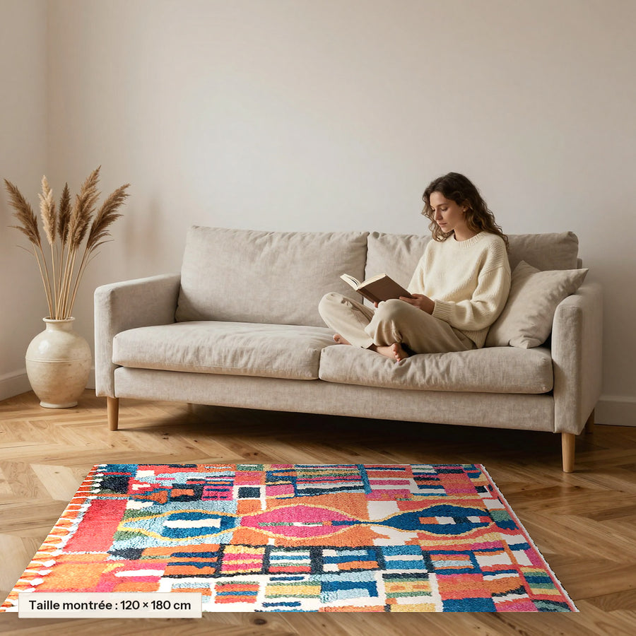 Tapis berbère coloré Silin, patchwork rose et bleu posé devant un canapé, taille 120 × 180 cm