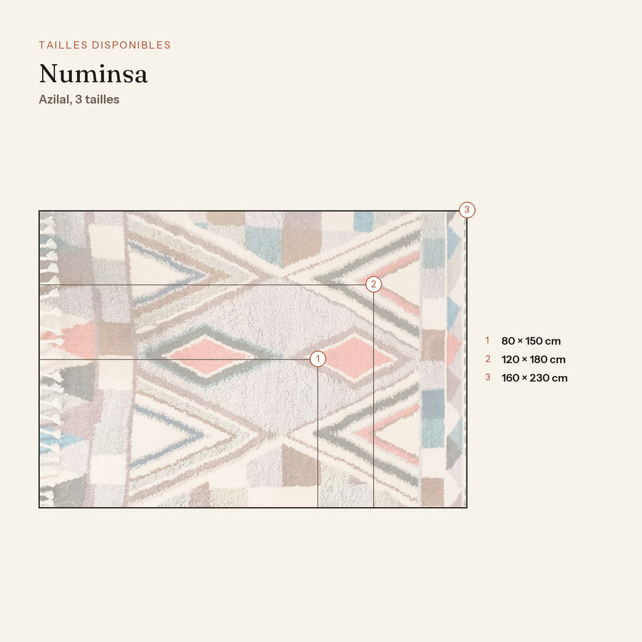Les 3 tailles du tapis berbère coloré numinsa, écru et chevrons colorés, dessinées à l'échelle