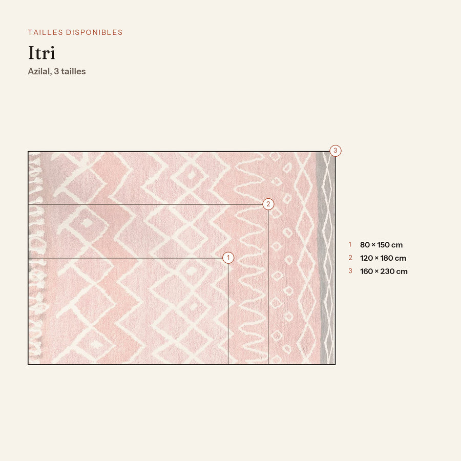 Les 3 tailles du tapis berbère coloré itri, rose terracotta, dessinées à l'échelle