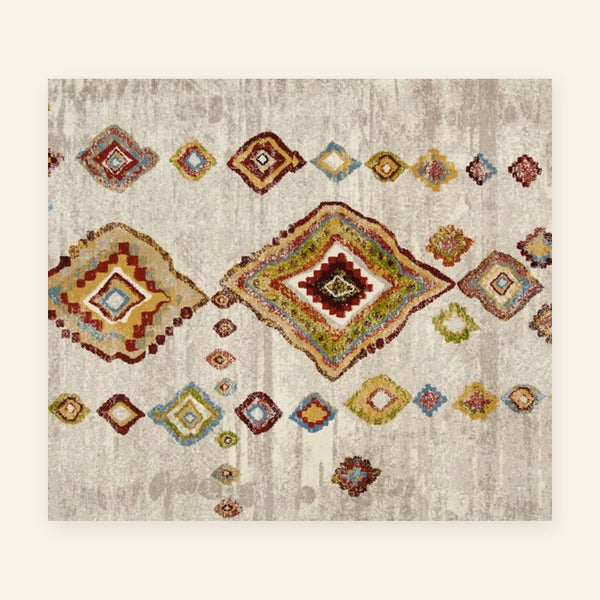 Tapis berbère coloré Ourika, gris à losanges colorés, vu à plat