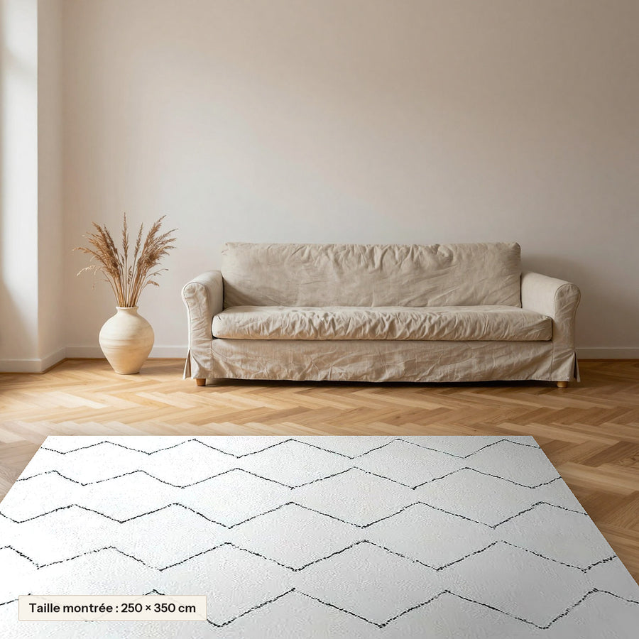 Tapis Beni Ouarain Titrit, écru, grands losanges posé dans un salon, taille 250 × 350 cm