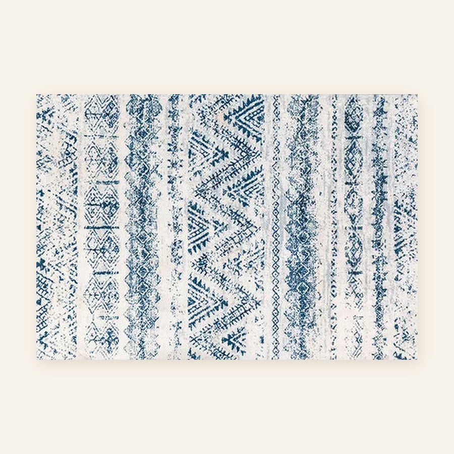 Tapis Beni Ouarain Taskurt, bandes bleu délavé, vu à plat