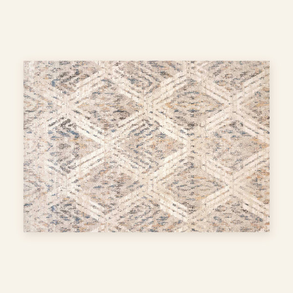 Tapis Beni Ouarain Mira, taupe à losanges, vu à plat
