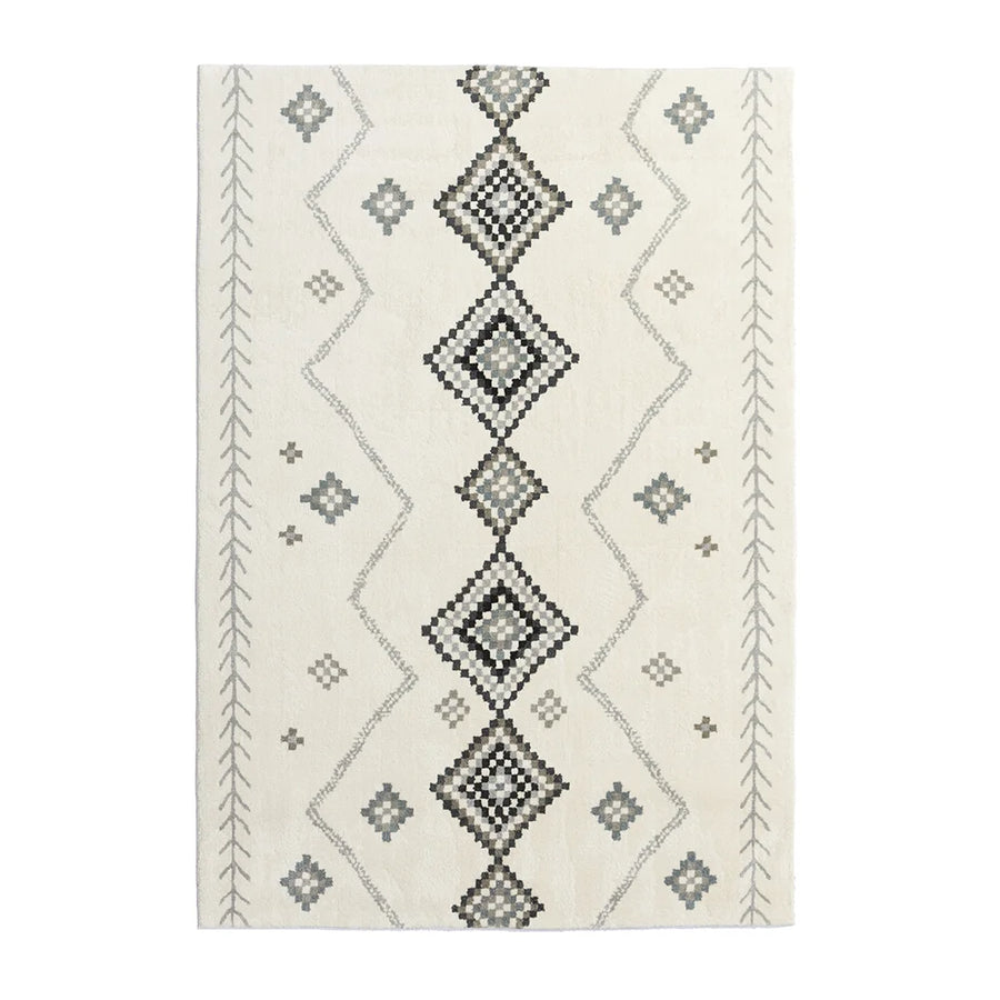 Tapis Beni Ouarain Taysa, écru à losanges gris, vu de dessus