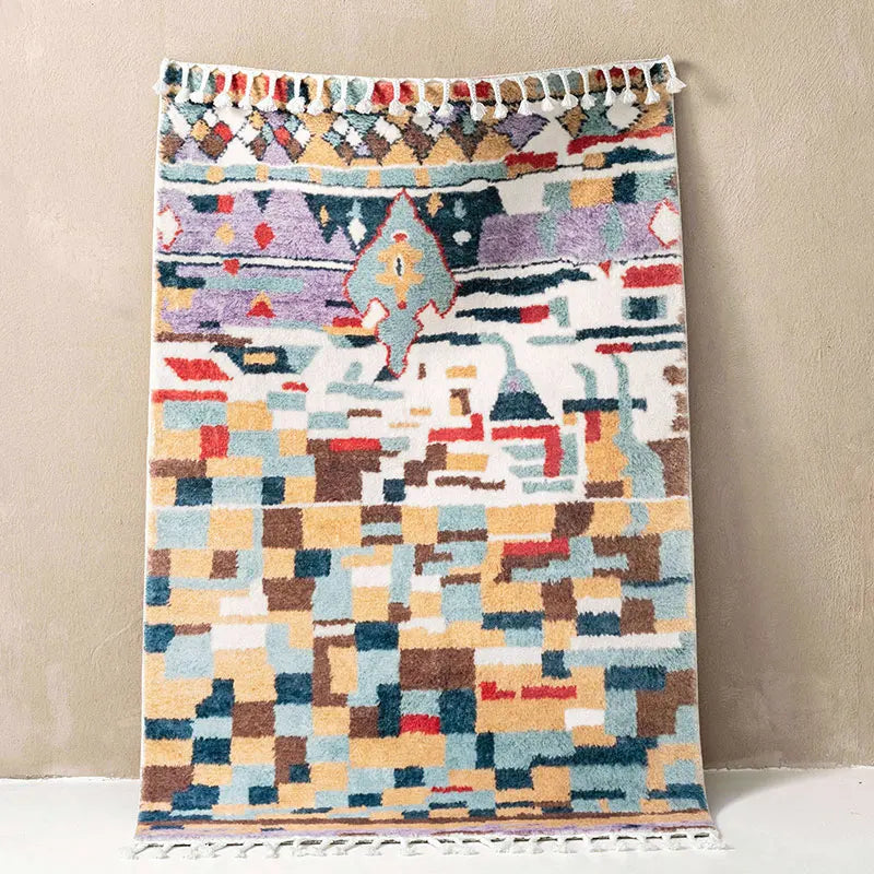 Tapis berbère coloré Massilya, patchwork bleu et ocre, vu de dessus