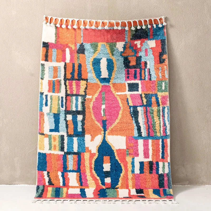 Tapis berbère coloré Silin, patchwork rose et bleu, vu de dessus