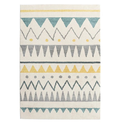 Tapis berbère coloré Tafila, triangles gris et safran, vu de dessus