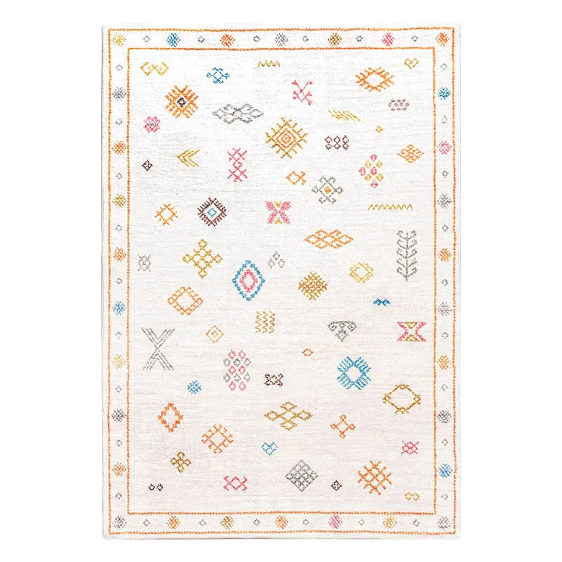 Tapis berbère coloré Tamallat, écru à symboles colorés, vu de dessus