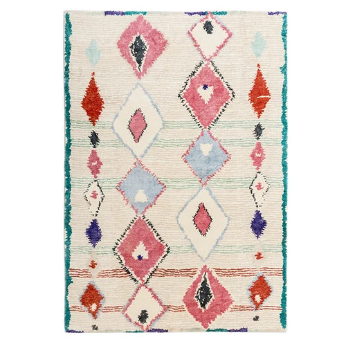 Tapis berbère coloré Taylalt, diamants corail et turquoise, vu de dessus