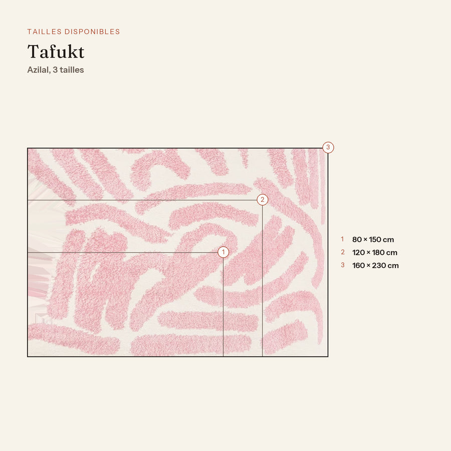 Les 3 tailles du tapis berbère coloré tafukt, écru à traits framboise, dessinées à l'échelle