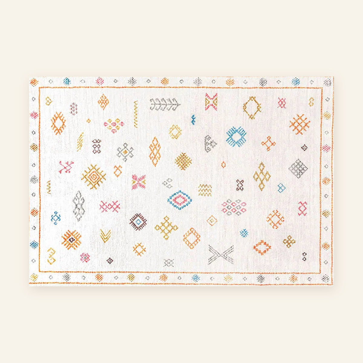 Tapis berbère coloré Tamallat, écru à symboles colorés, vu à plat
