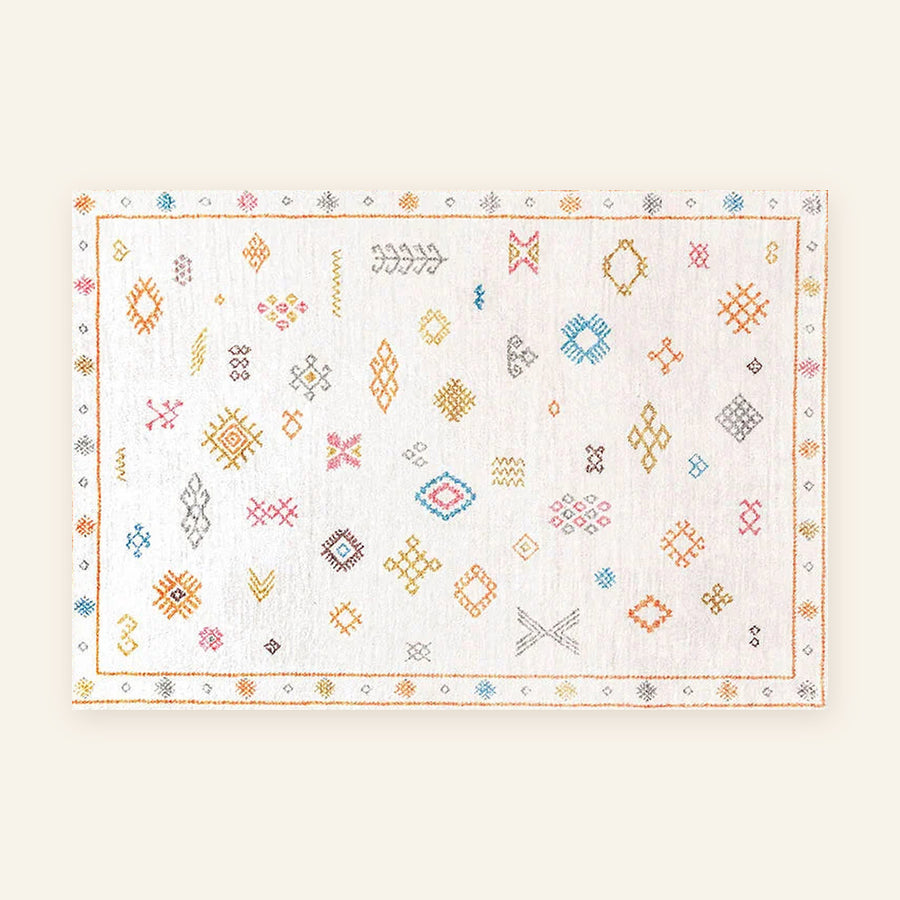 Tapis berbère coloré Tamallat, écru à symboles colorés, vu à plat