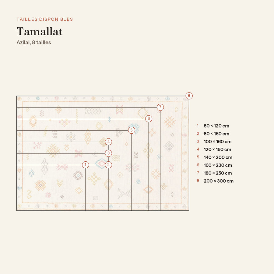 Les 8 tailles du tapis berbère coloré tamallat, écru à symboles colorés, dessinées à l'échelle