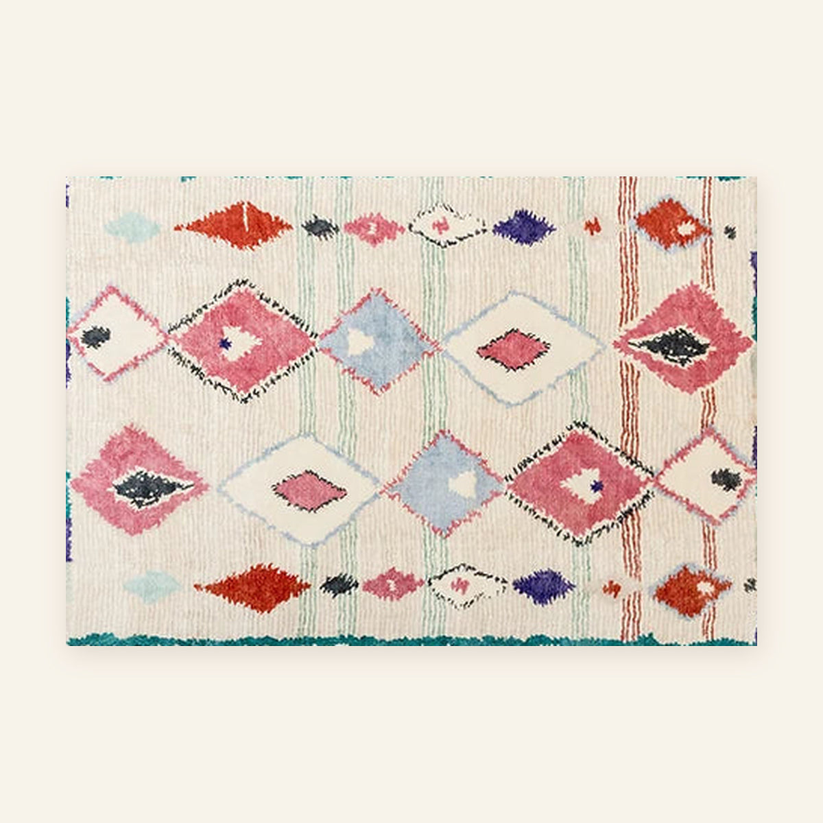 Tapis berbère coloré Taylalt, diamants corail et turquoise, vu à plat