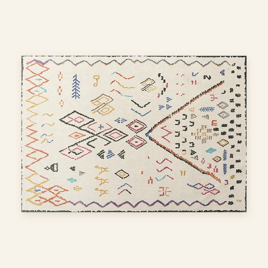 Tapis berbère coloré Tamlalt, symboles terre cuite, vu à plat