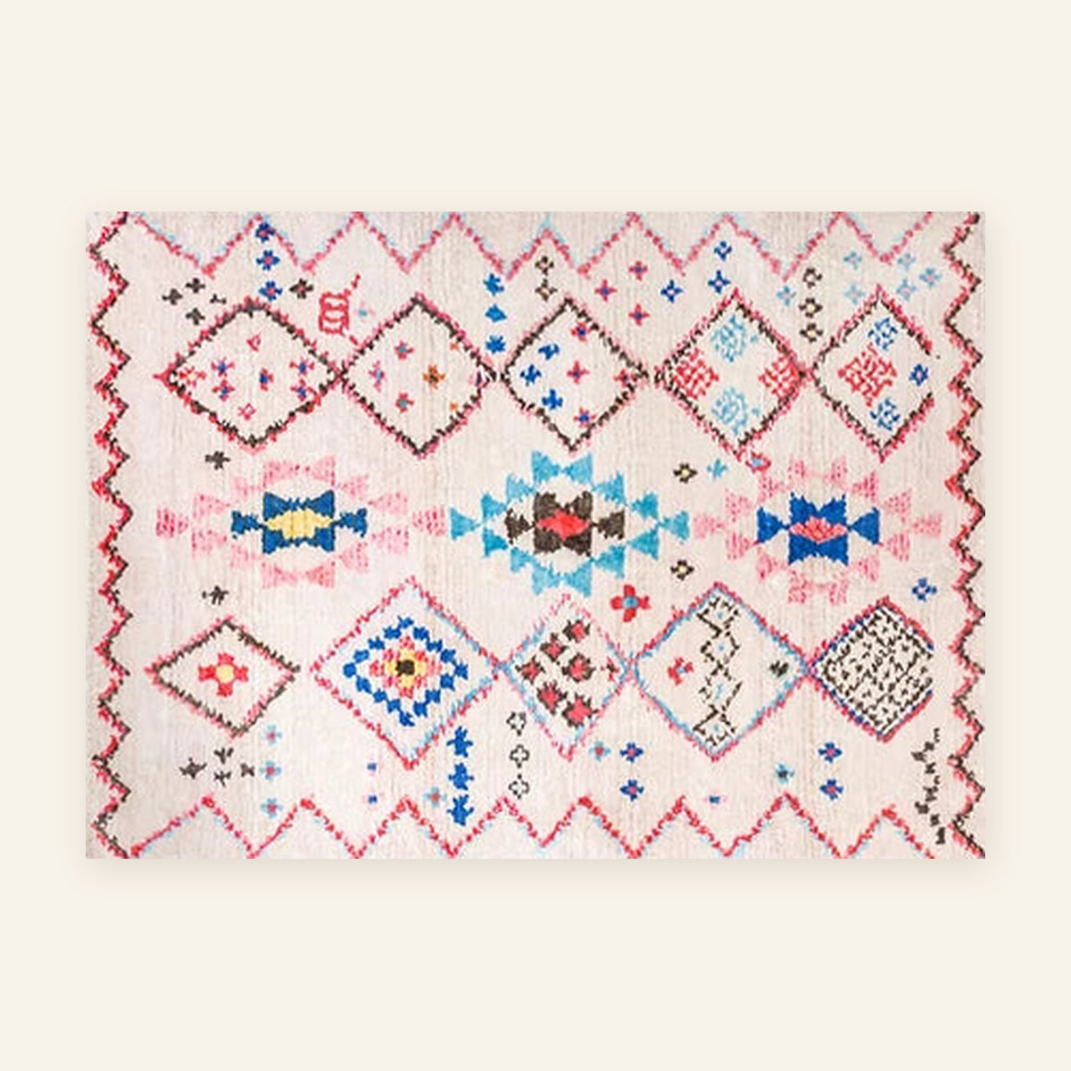 Tapis berbère coloré Tamassant, losanges rose et turquoise, vu à plat