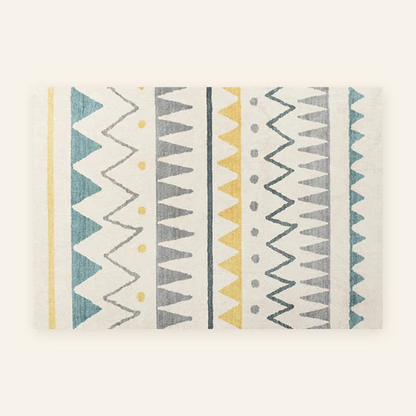 Tapis berbère coloré Tafila, triangles gris et safran, vu à plat