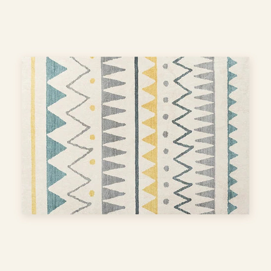 Tapis berbère coloré Tafila, triangles gris et safran, vu à plat