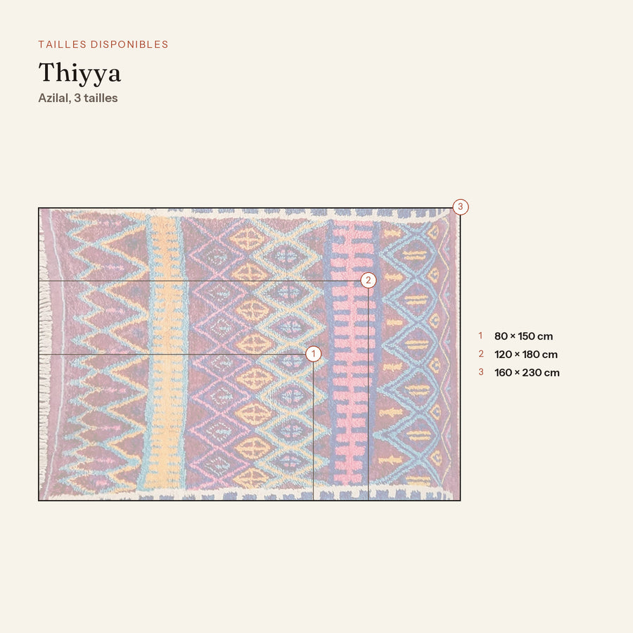 Les 3 tailles du tapis berbère coloré thiyya, violet et rose, dessinées à l'échelle