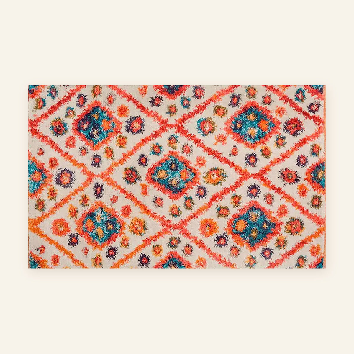Tapis berbère coloré Anya, orange et turquoise, vu à plat
