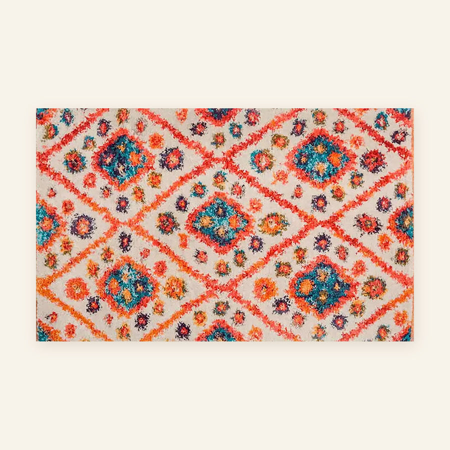 Tapis berbère coloré Anya, orange et turquoise, vu à plat