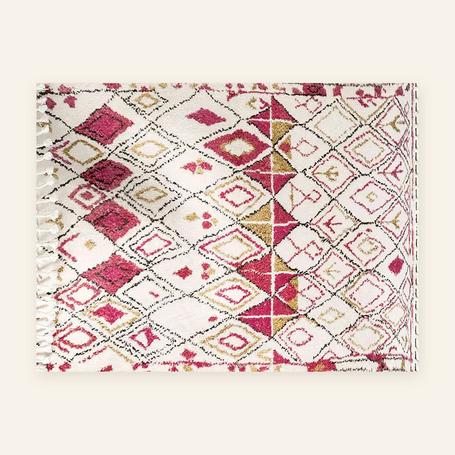 Tapis berbère coloré Arinas, écru et framboise, vu à plat