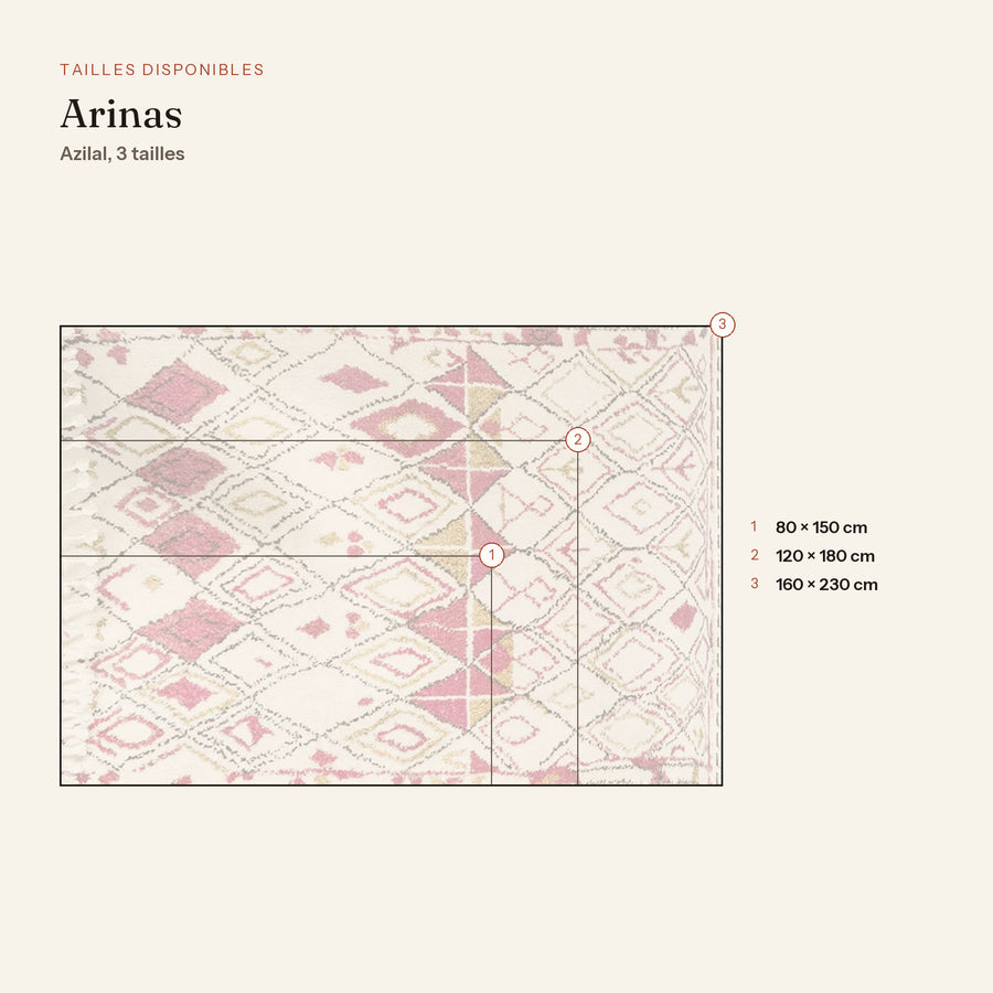 Les 3 tailles du tapis berbère coloré arinas, écru et framboise, dessinées à l'échelle