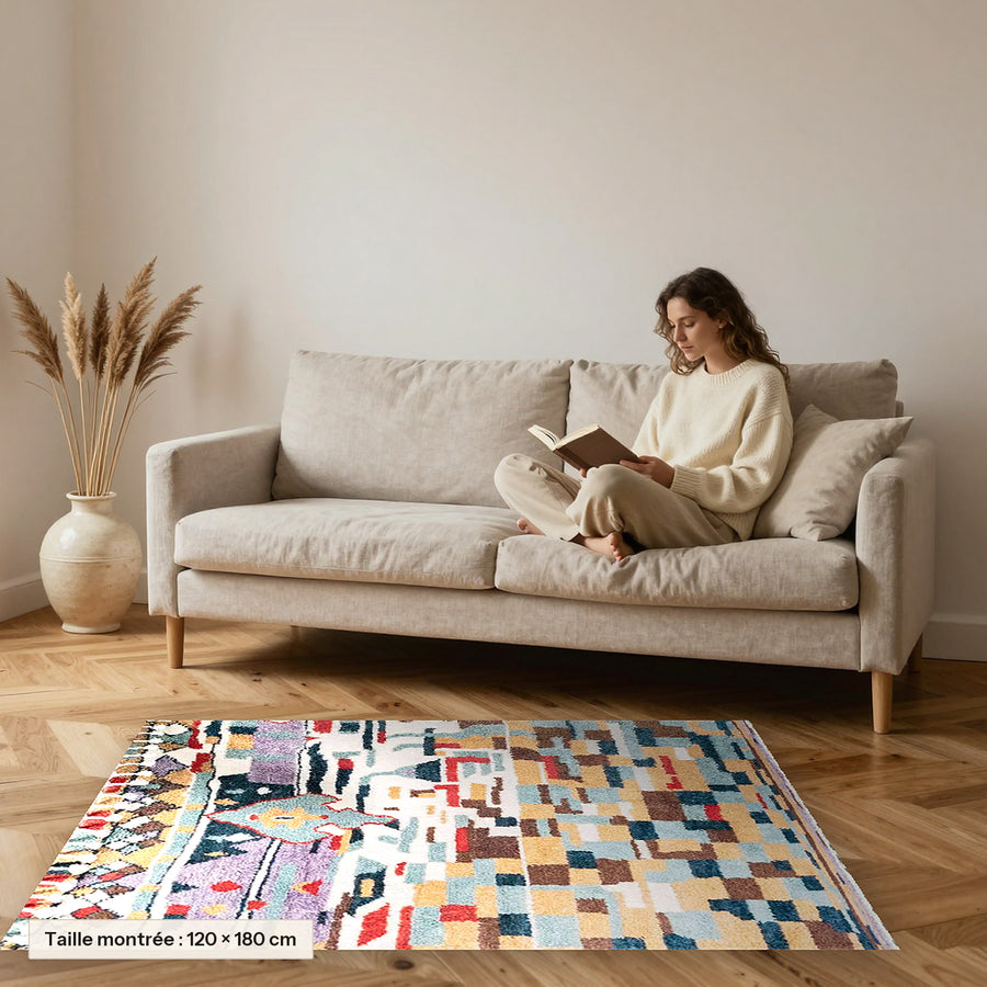 Tapis berbère coloré Massilya, patchwork bleu et ocre posé devant un canapé, taille 120 × 180 cm