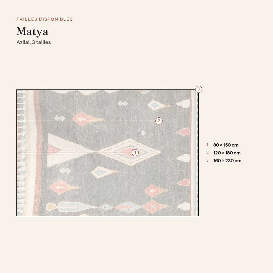 Les 3 tailles du tapis berbère coloré matya, anthracite et rose, dessinées à l'échelle