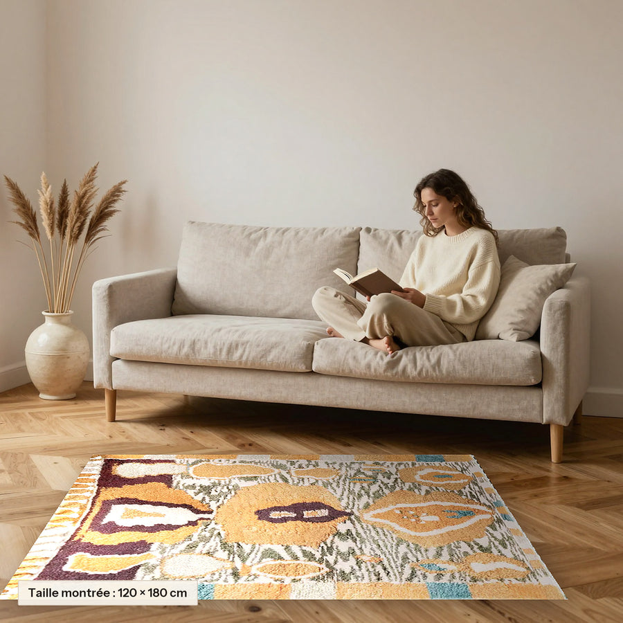 Tapis berbère coloré Tunaruz, moutarde et brun posé devant un canapé, taille 120 × 180 cm