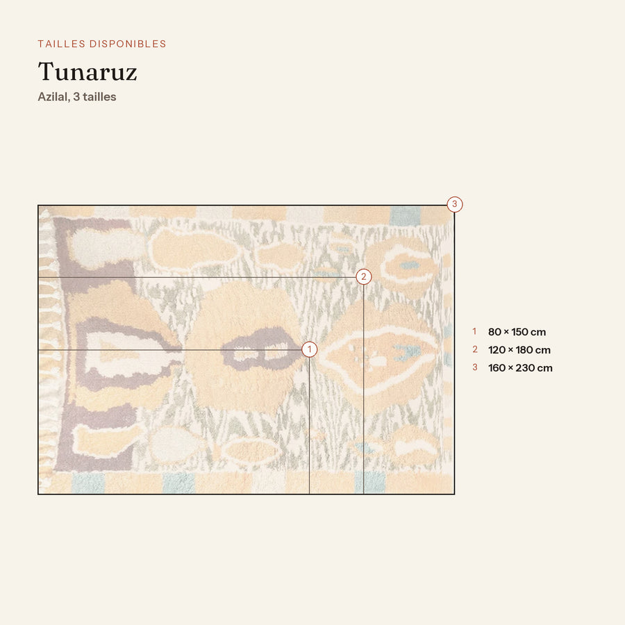 Les 3 tailles du tapis berbère coloré tunaruz, moutarde et brun, dessinées à l'échelle