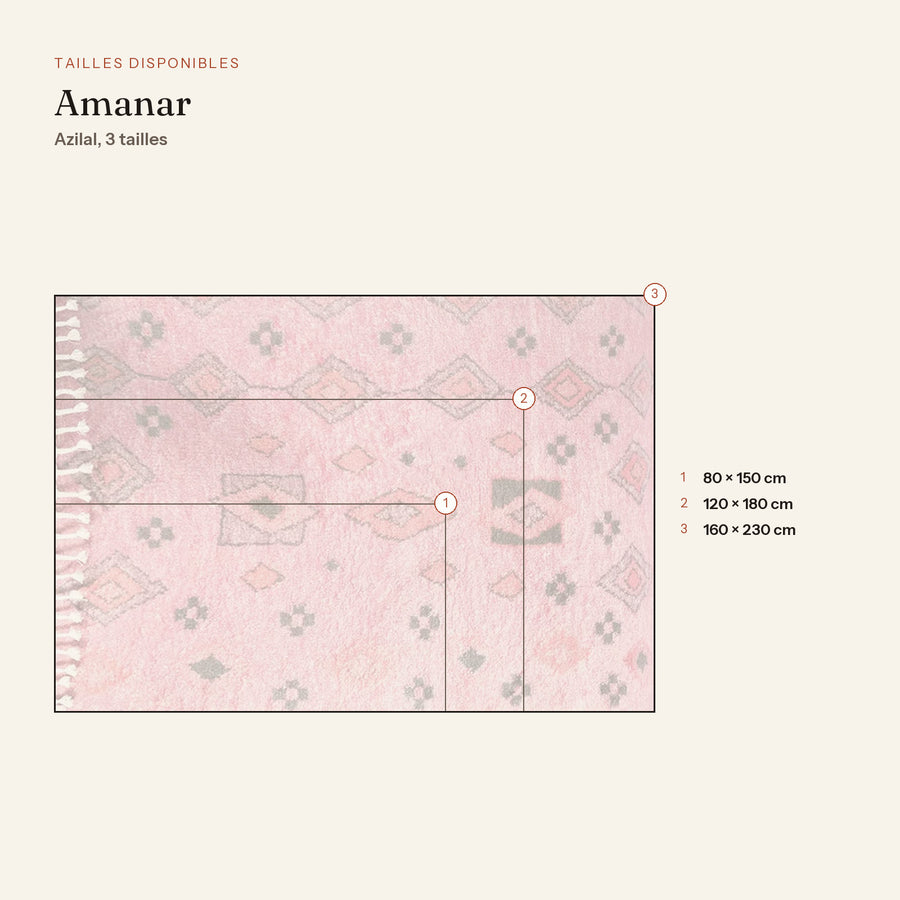 Les 3 tailles du tapis berbère coloré amanar, rose poudré, dessinées à l'échelle