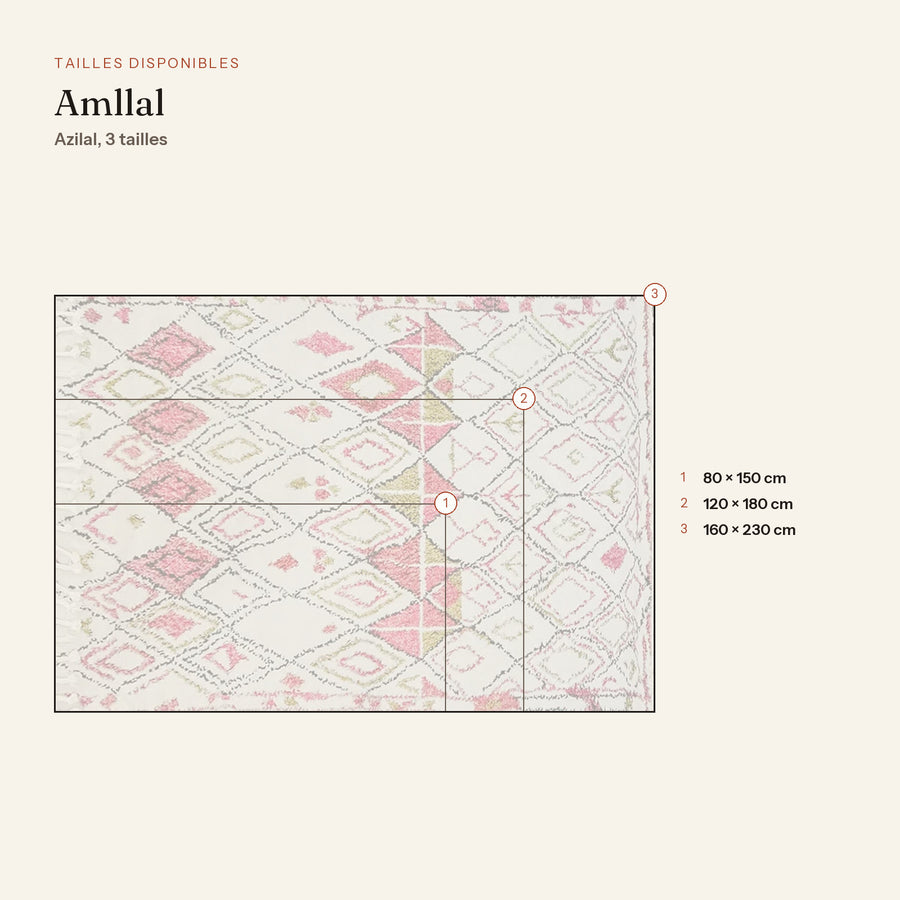 Les 3 tailles du tapis berbère coloré amllal, écru à losanges roses, dessinées à l'échelle