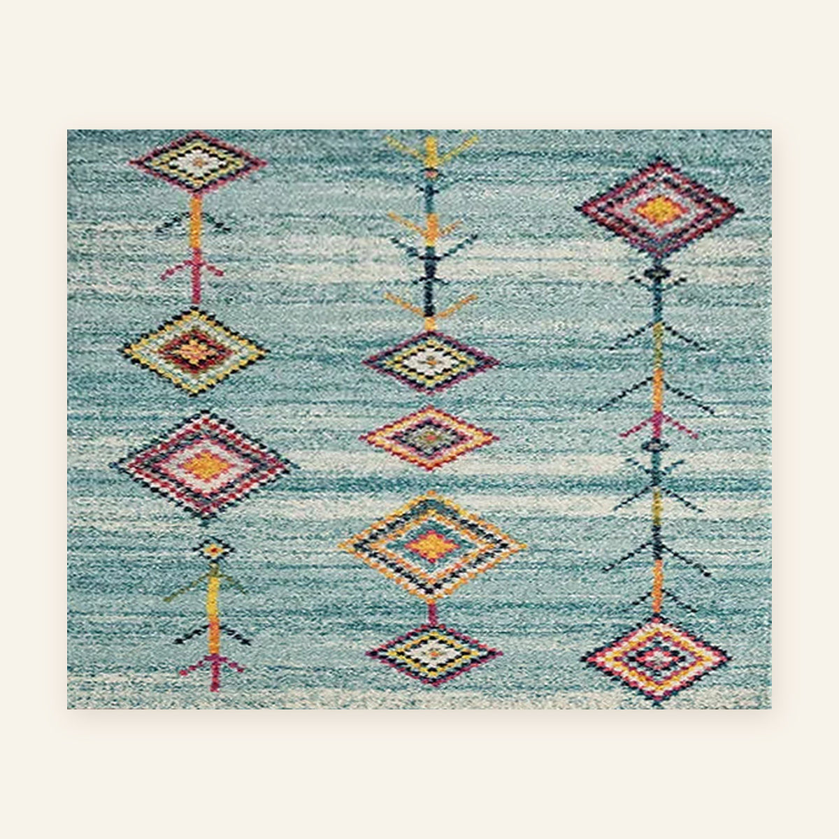 Tapis berbère coloré Masin, turquoise à losanges, vu à plat