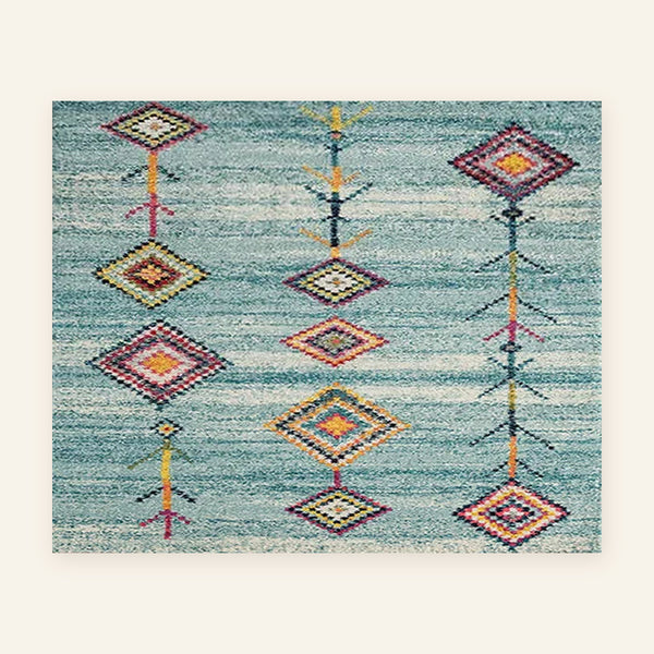 Tapis berbère coloré Masin, turquoise à losanges, vu à plat