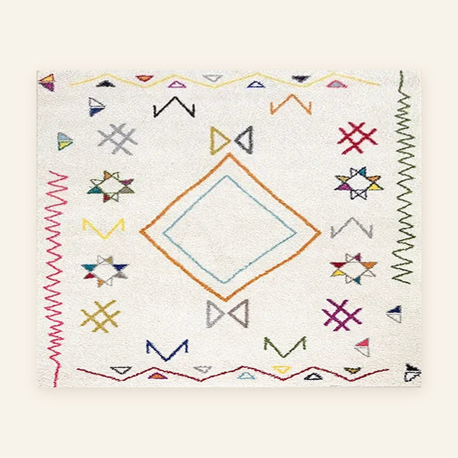Tapis berbère coloré Yani, écru à symboles tribaux, vu à plat