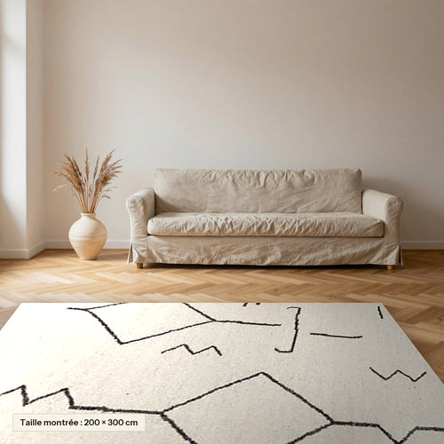 Tapis Beni Ouarain Tanirt, écru et noir posé dans un salon, taille 200 × 300 cm