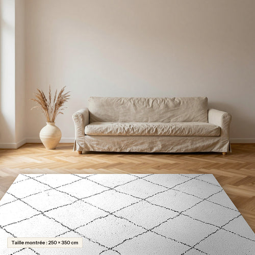 Tapis Beni Ouarain Tamanart, écru, losanges fins posé dans un salon, taille 250 × 350 cm