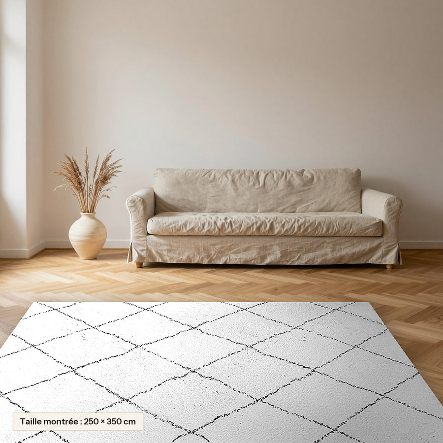 Tapis Beni Ouarain Tamanart, écru, losanges fins posé dans un salon, taille 250 × 350 cm