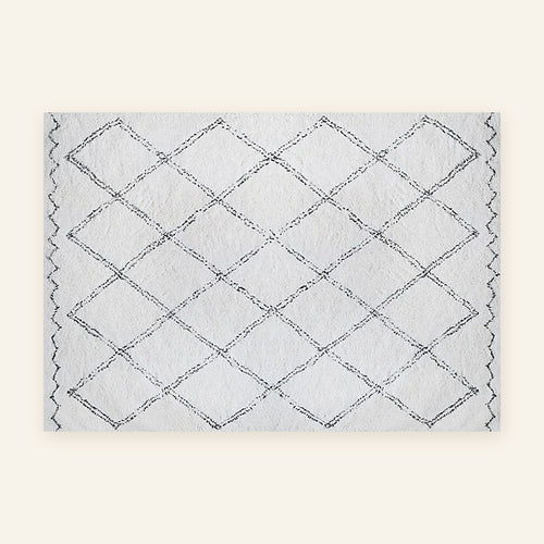 Tapis Beni Ouarain Tilelli, écru et gris, losanges, vu à plat