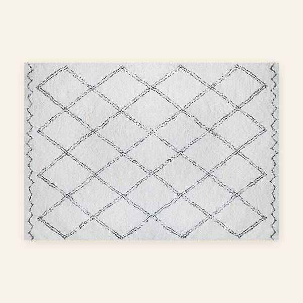Tapis Beni Ouarain Tilelli, écru et gris, losanges, vu à plat