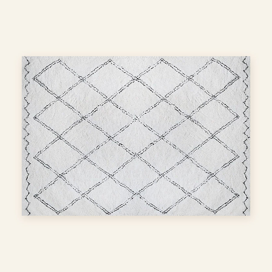 Tapis Beni Ouarain Tilelli, écru et gris, losanges, vu à plat
