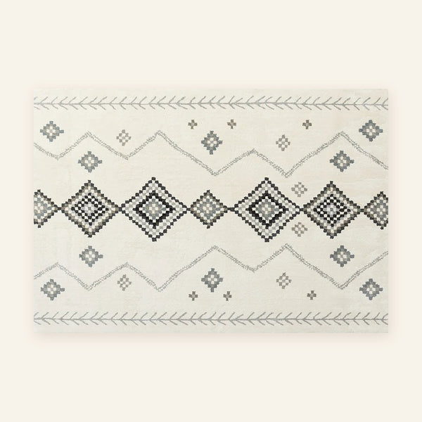 Tapis Beni Ouarain Taysa, écru à losanges gris, vu à plat